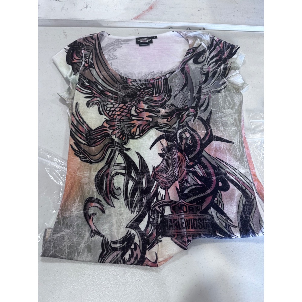 Harley-Davidson Womens Graphic Tee Eagle Tribal Print Scoop Neck Made in USA L